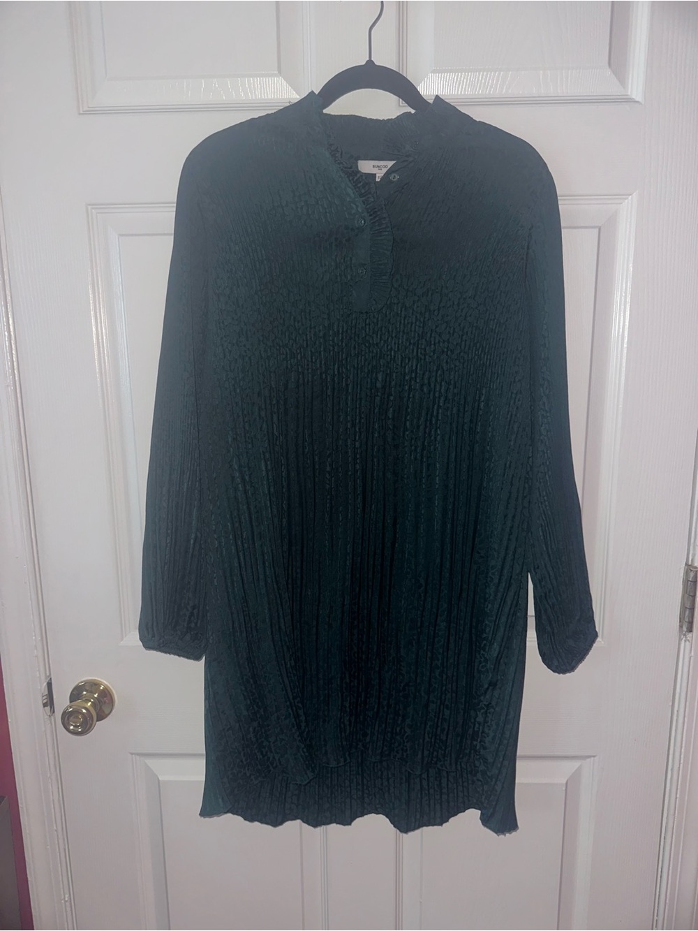 SUNCOO Dark Green Pleated Long Sleeve Dress